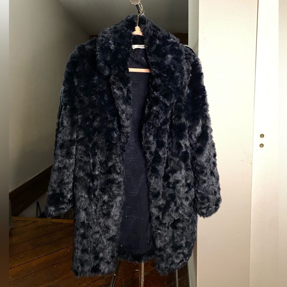XS Mango Faux Fur Coat, Navy, Perfect condition